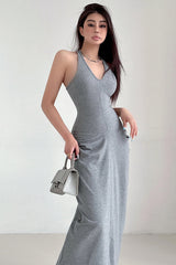 V-Neck Sleeveless Backless Ruffle Maxi Dress