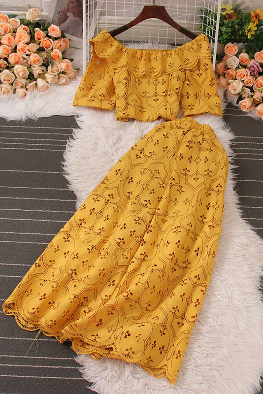 Lace Hollow Short Sleeve Crop Top Skirt Set Two-Piece