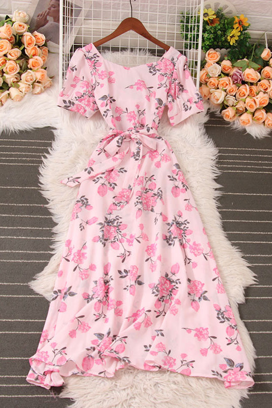 Floral V-Neck Short Sleeve Maxi Dress