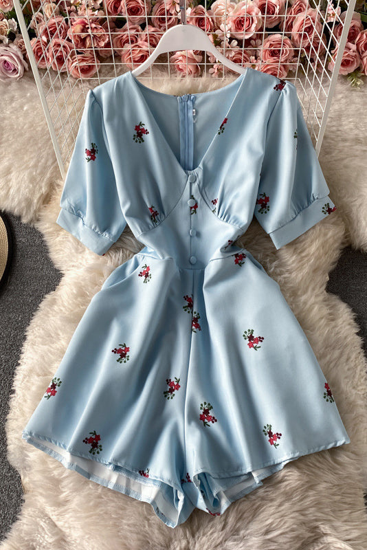 V-Neck Short Sleeve Zip Romper Jumpsuit