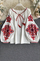 Retro Tassel Strappy Embroidery Long Sleeve Top