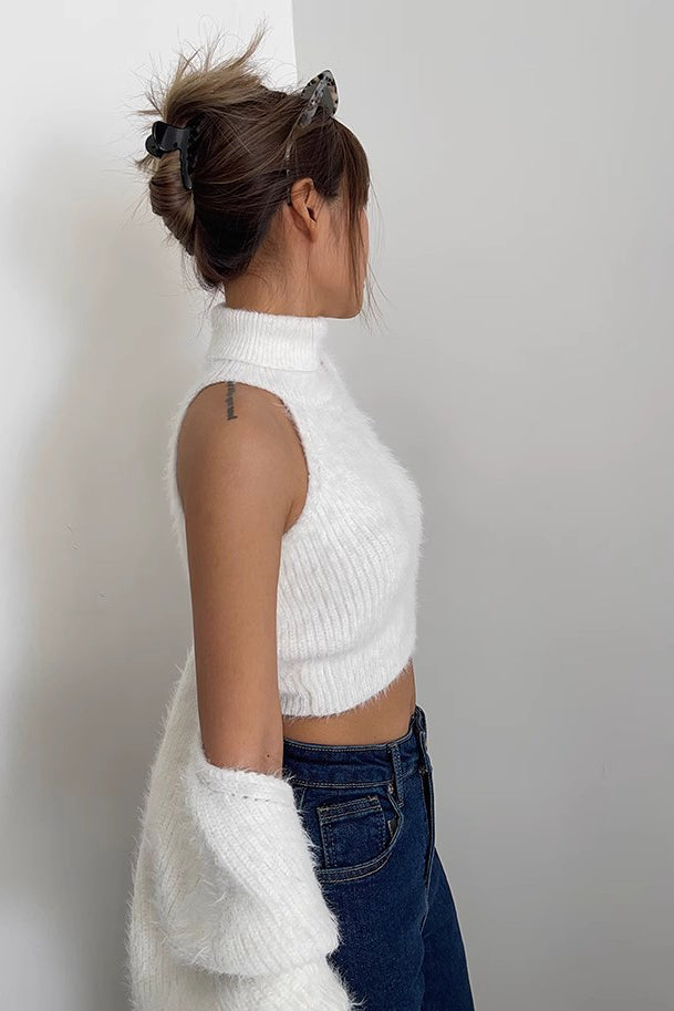 Rib-knit Shawl Jacet & Mock Neck Vest Two Piece Set