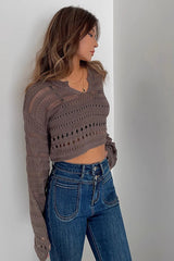 Solid Long Sleeve Hollow Out Tops Shirt
