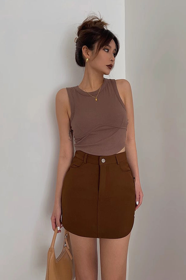 Buttoned Front Asymmetrical Hem Belted Skirt