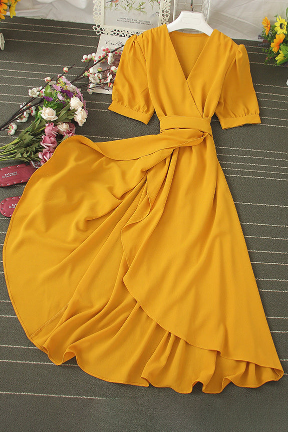 V-Neck Short Sleeve Strappy Irregular Dress