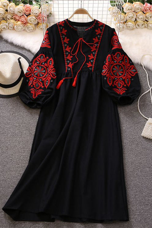 Boho Long Sleeve Embroidery Maxi Dress