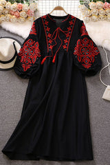 Boho Long Sleeve Embroidery Maxi Dress