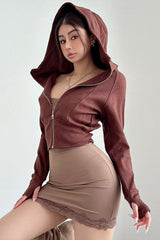 Casual Long Sleeve Zip Cardigan Crop Hooded Coat