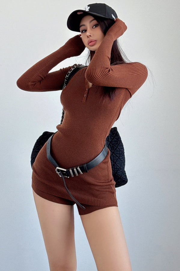Knit Long Sleeve Buttons V-Neck Tops Shorts Set Two-Piece
