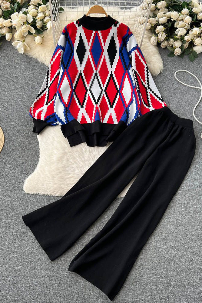 Retro Crochet Top Sweater Pullover Pants Trousers Set Two-Piece