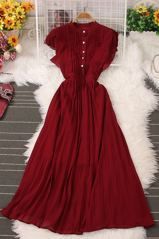 Buttons Strappy Pleated Dress