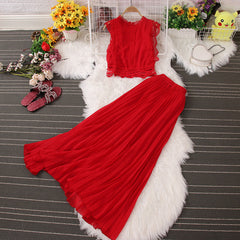 Sleeveless Lace Vest Tank Top Ruffle Skirt Set Two-Piece