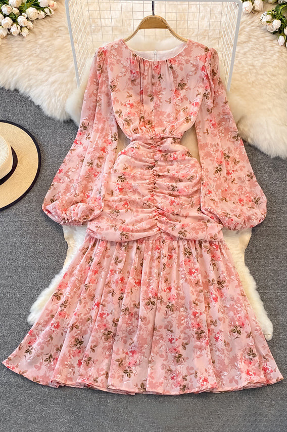 Floral Long Sleeve Zip Ruffle Maxi Dress