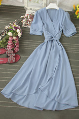 V-Neck Short Sleeve Strappy Irregular Dress