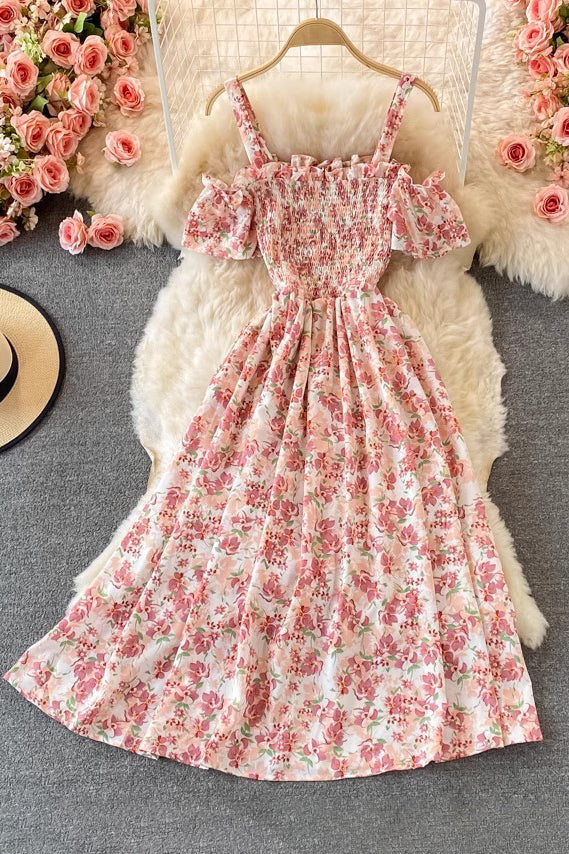 Off Shoulder Floral Short Sleeve Maxi Dress
