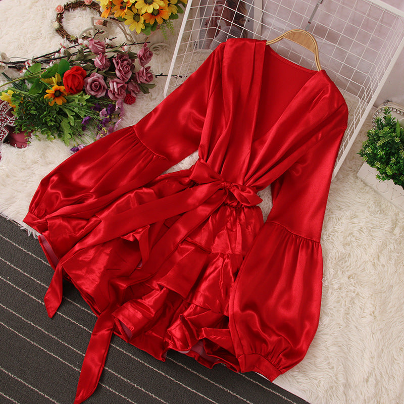 V-Neck Long Sleeve Ruffle Strappy Mini Dress