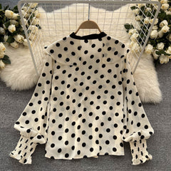 Lace Long Sleeve Polka Dots Print Tops