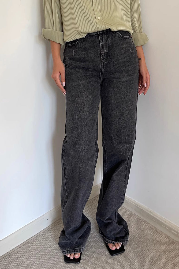 High Waist Buckle Detail Straight Leg Jeans