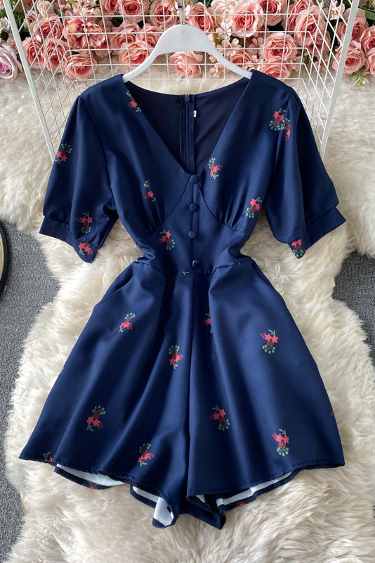 V-Neck Short Sleeve Zip Romper Jumpsuit