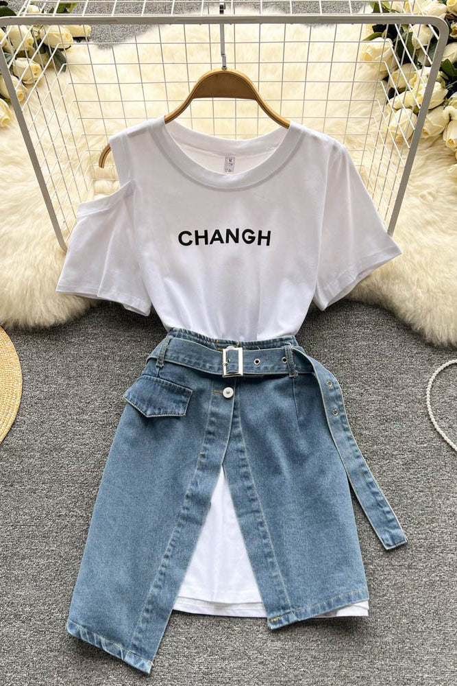 Off Shoulder Letter Short Sleeve Top Irregular Denim Skirt Set Two-Piece