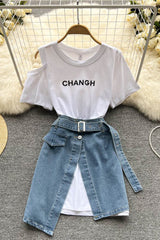 Off Shoulder Letter Short Sleeve Top Irregular Denim Skirt Set Two-Piece