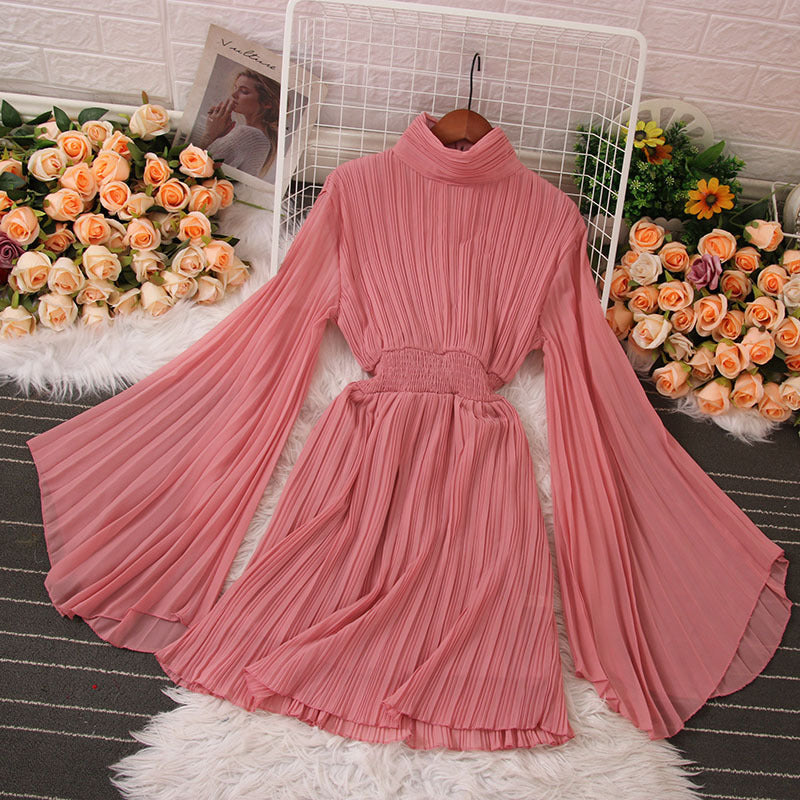 High Neck Long Sleeve Pleated Mini Dress