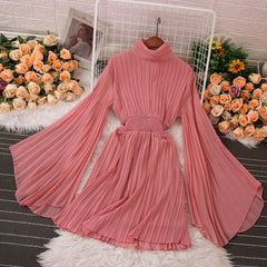 High Neck Long Sleeve Pleated Mini Dress