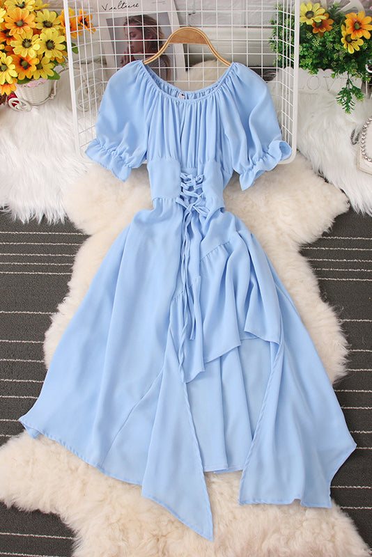 Short Sleeve Strappy Irregular Maxi Dress