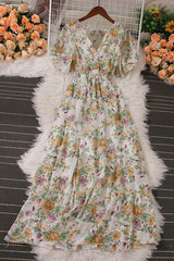 Chiffon Print V-Neck Short Sleeve Dress