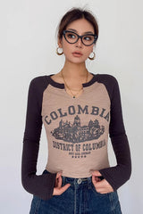 Letter Print Contrast Long Sleeve Shirt Tops