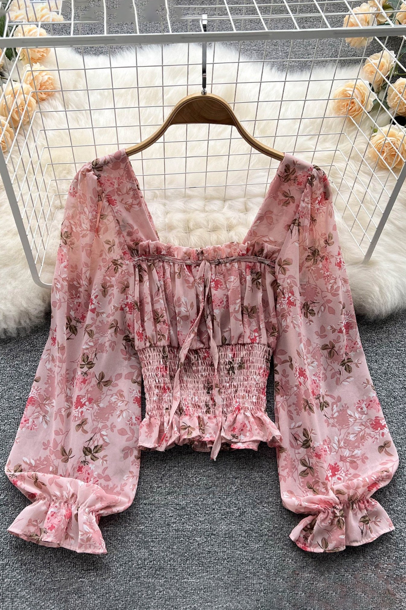 Floral Ruffle Long Sleeve Crop Top