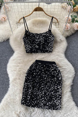 Sequin Off Shoulder Strap Cami Crop Vest Tank Top Skirt Set Two-Piece