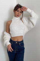 Rib-knit Shawl Jacet & Mock Neck Vest Two Piece Set