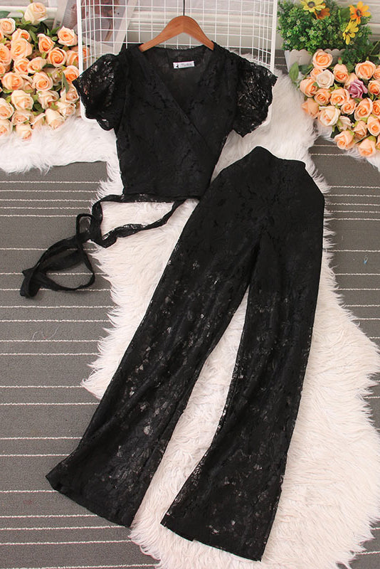 V-Neck Short Sleeve Lace Strappy Crop Tops Pants Trousers Set Two-Piece