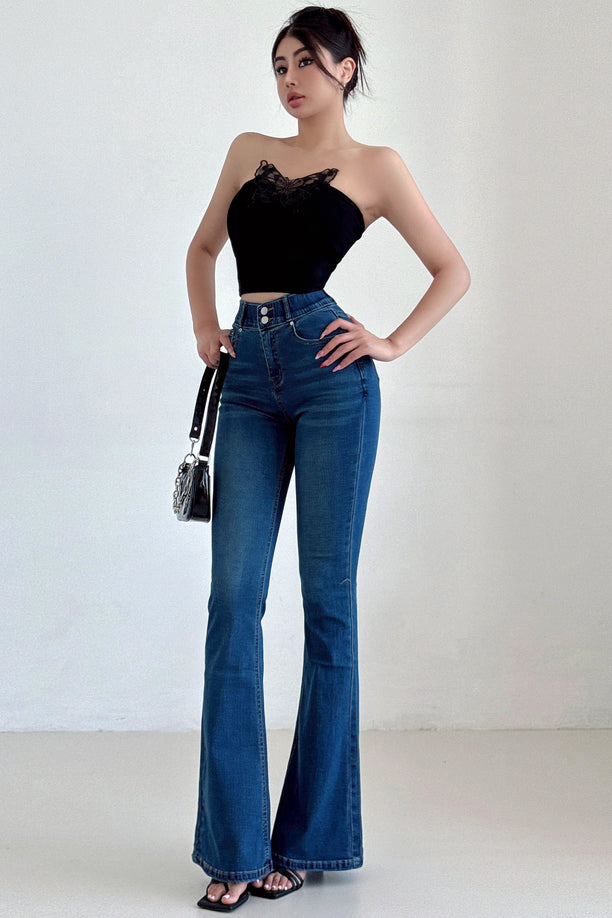 Retro High Waist Tight Buttons Flared Jeans