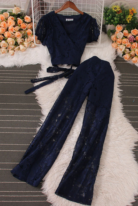 V-Neck Short Sleeve Lace Strappy Crop Tops Pants Trousers Set Two-Piece