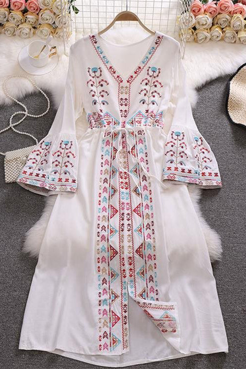 Boho Embroidery Long Sleeve V-Neck Strappy Maxi Dress