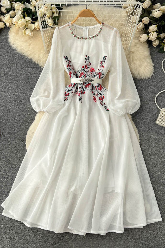 Embroidery Gauze Long Sleeve Maxi Dress