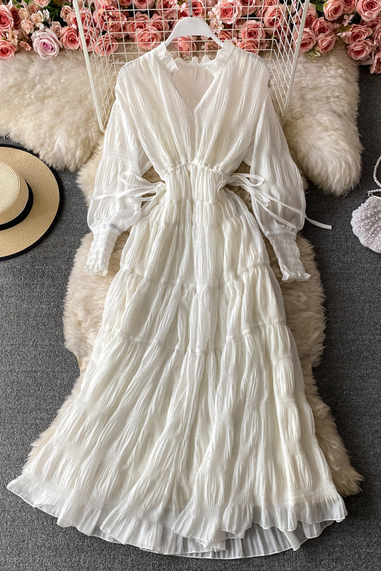 Retro Boho Chiffon V-Neck Long Sleeve Maxi Dress
