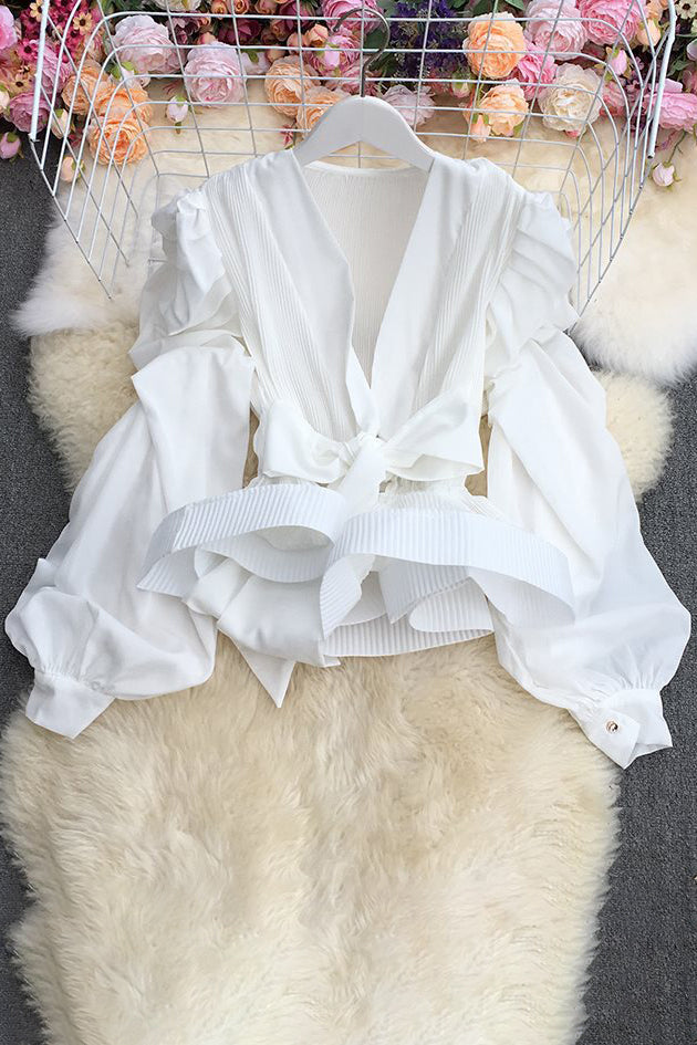 Lace Long Sleeve V-Neck Strappy Bow Ruffle Tops