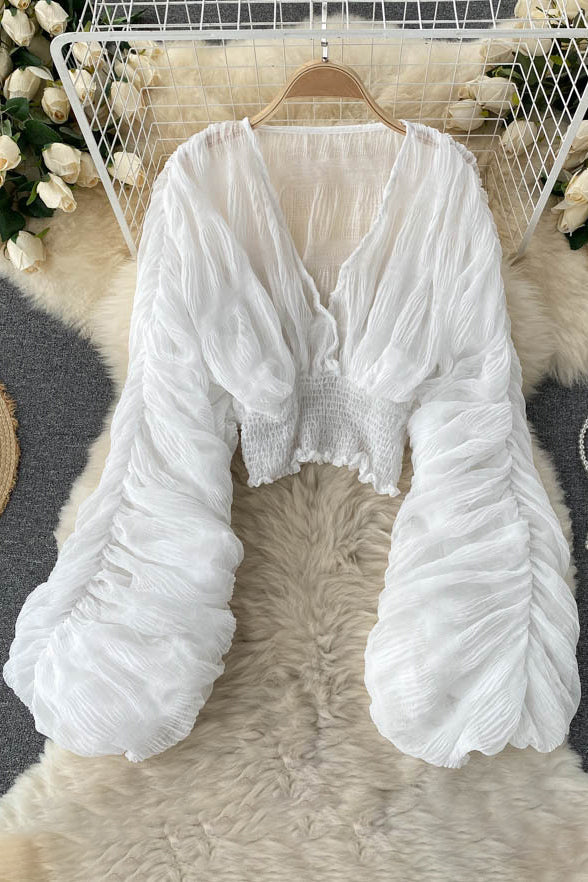 V-Neck Ruffle Long Sleeve Tops