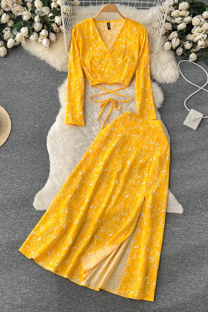 Long Sleeve Strappy Crop Tops Skirt Set Two-Piece