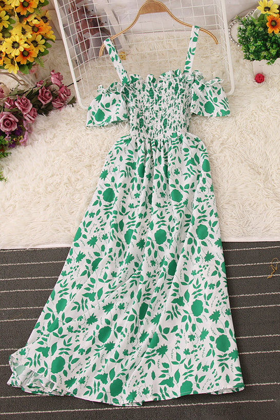 Floral Off Shoulder Strap Ruffle Maxi Dress