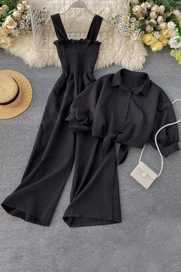 Sleeveless Strap Romper Jumpsuit Buttons Short Sleeve Shirt Tops Set Two-Piece