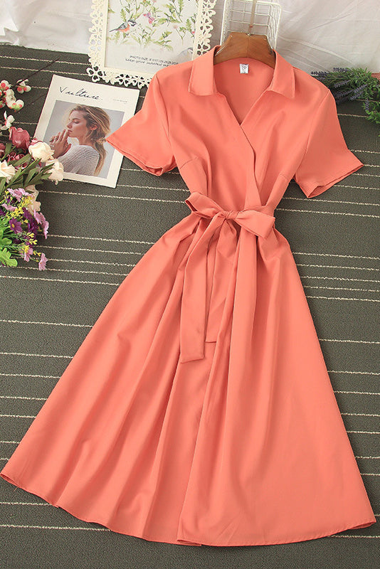 Lapel Short Sleeve Strappy Maxi Dress