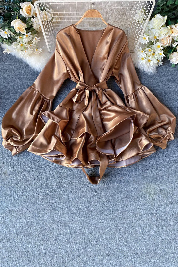 V-Neck Strappy Long Sleeve Mini Dress