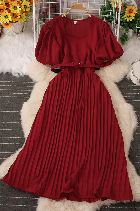 Square Collar Short Sleeve Pleated Maxi Dress