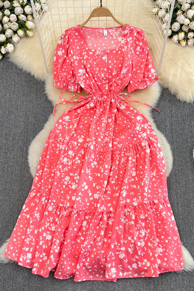 Square Collar Short Sleeve Floral Strappy Maxi Dress