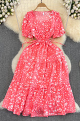 Square Collar Short Sleeve Floral Strappy Maxi Dress