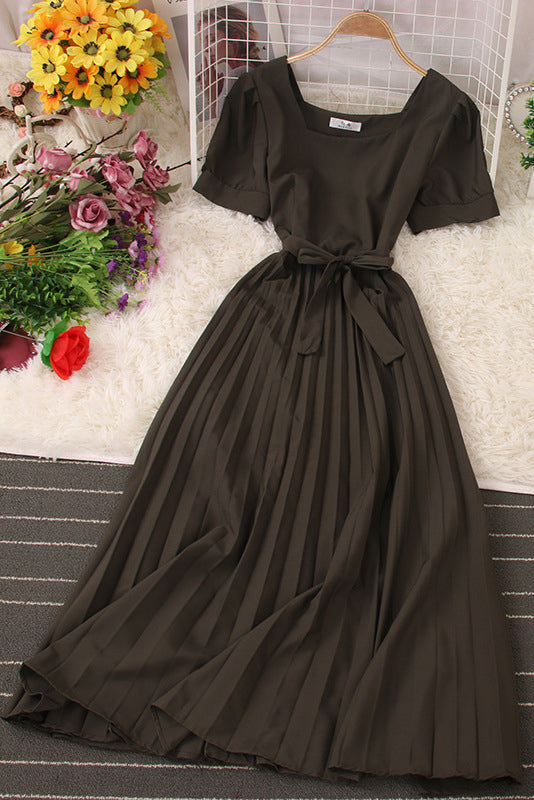 Short Sleeve Strappy Pleated Maxi Dress